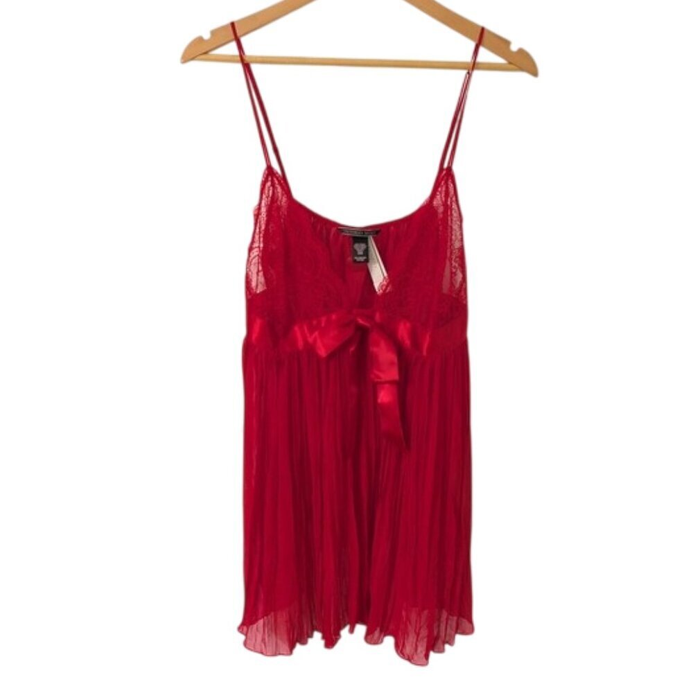 Y2K Victorias Secret Red Lace Pleated Bow Lingerie Mini Slip Dress Size XXL